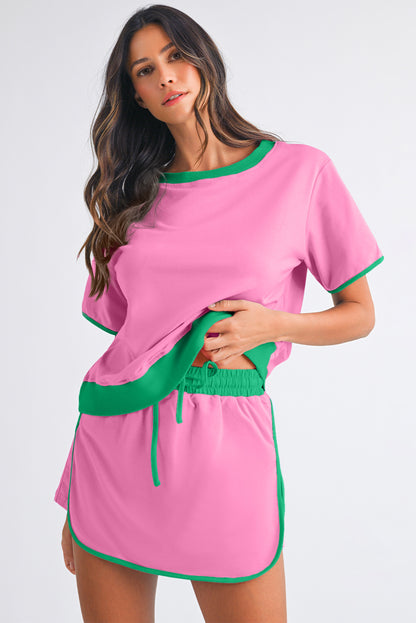Turquoise Colorblock Edge Drop Shoulder T Shirt and Skort Set
