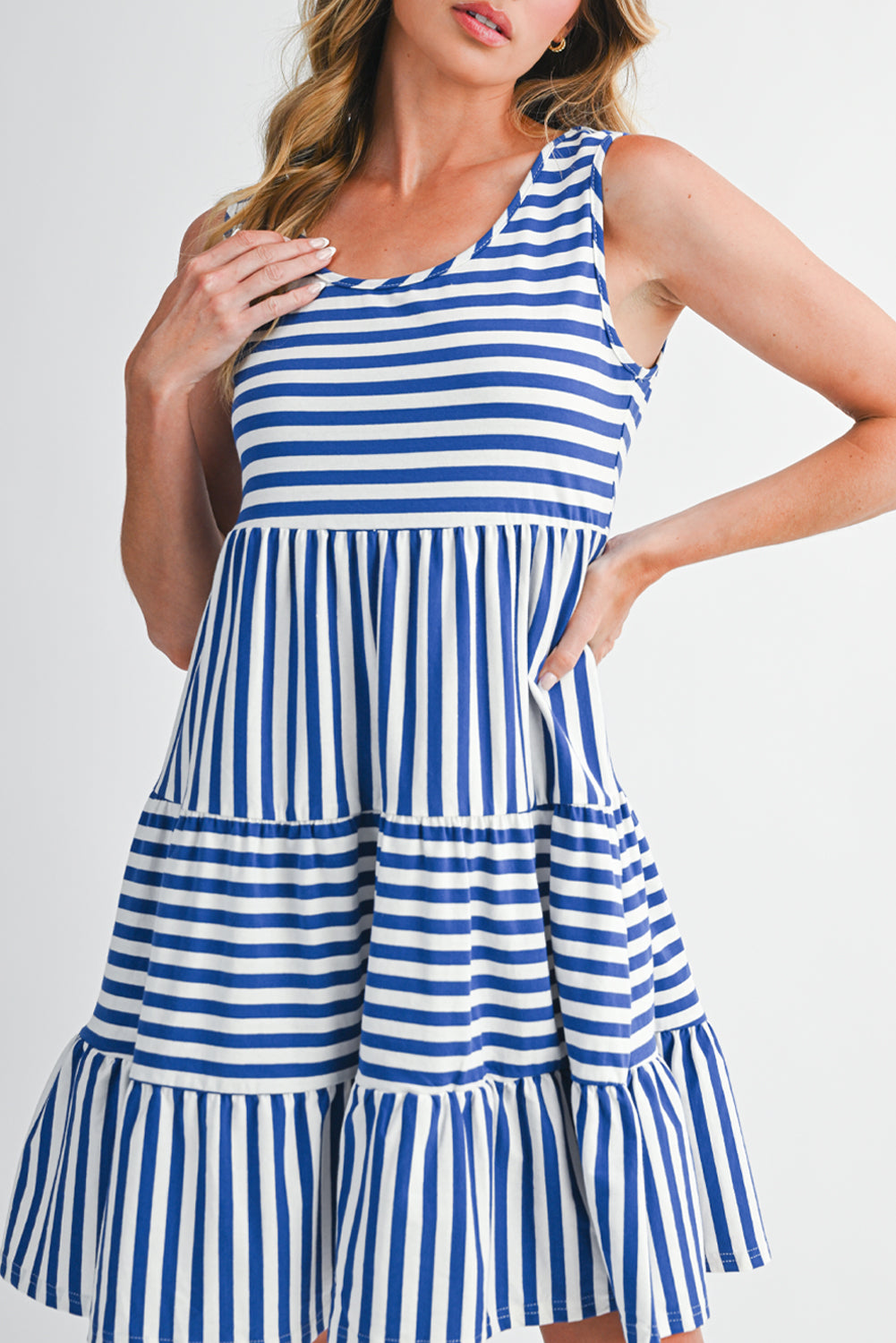 Sky Blue Striped U Neck Sleeveless Loose Fit Mini Dress