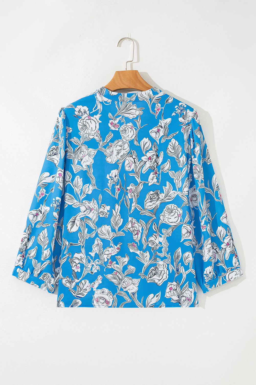 Sky Blue Vintage Floral Print V-Neck Bubble Sleeve Blouse
