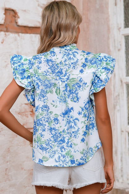 Green Floral Print Ruffle Sleeve Frill Shirt