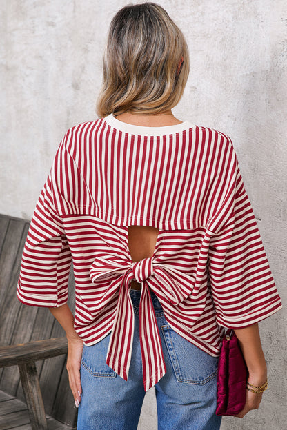Red Striped Bowknot Backless T-Shirt