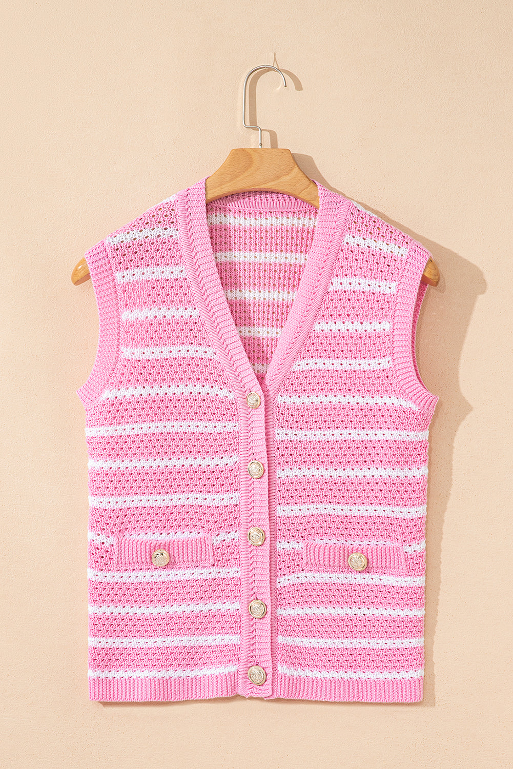 Black Striped V Neck Button Knit Vest