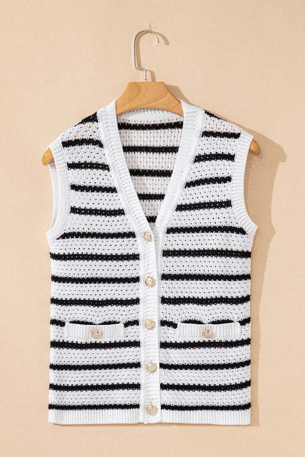 Black Striped V Neck Button Knit Vest