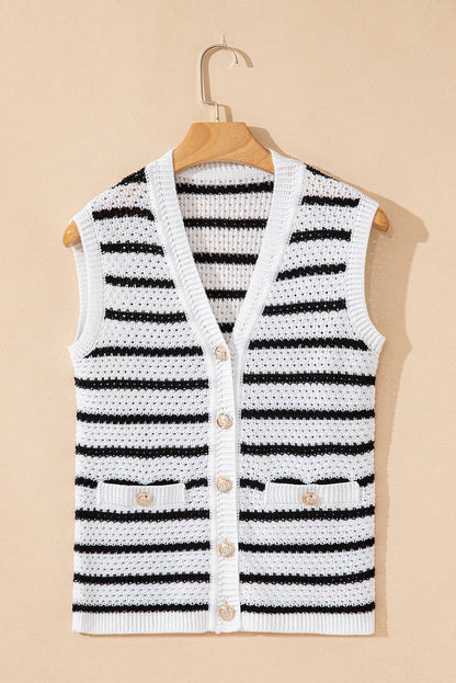 Black Striped V Neck Button Knit Vest