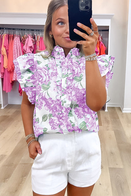 Green Floral Print Ruffle Sleeve Frill Shirt