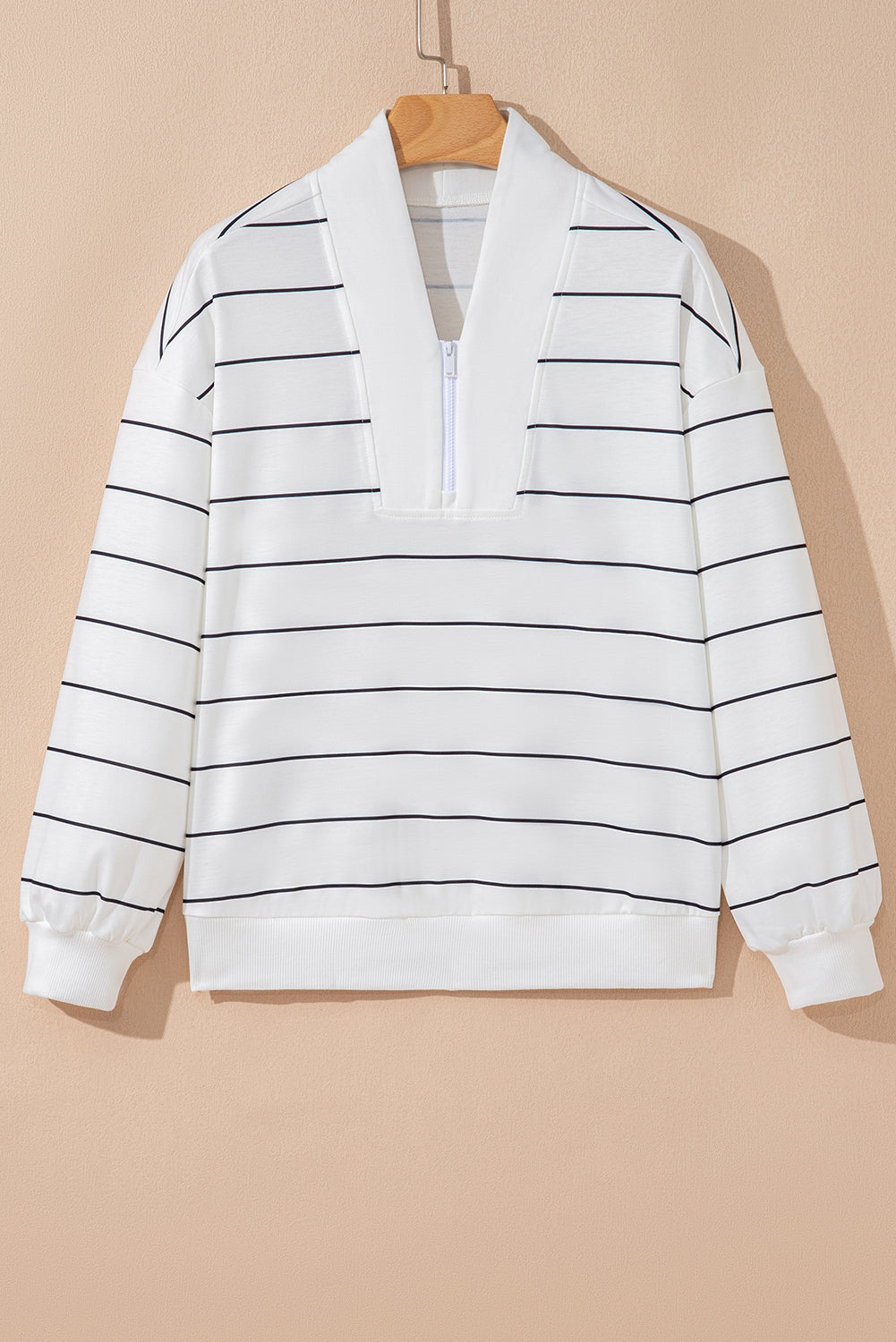 White Striped Zipper V-Neck Drop Sleeve Top