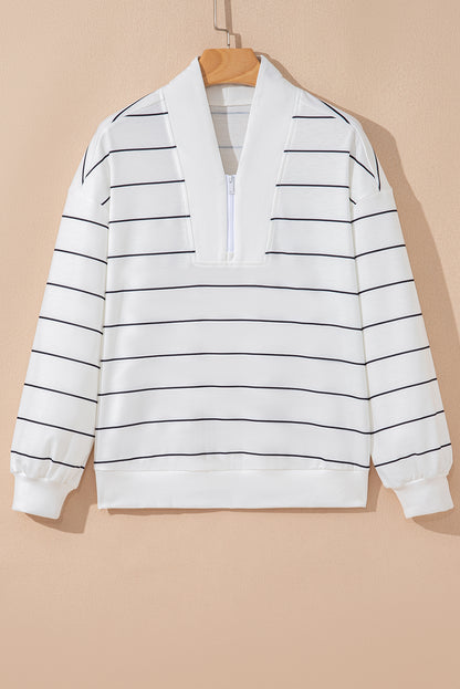 White Striped Zipper V-Neck Drop Sleeve Top