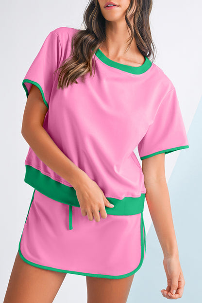 Turquoise Colorblock Edge Drop Shoulder T Shirt and Skort Set