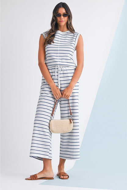 Sail Blue Casual Striped Tee and Wide Leg Pants Set