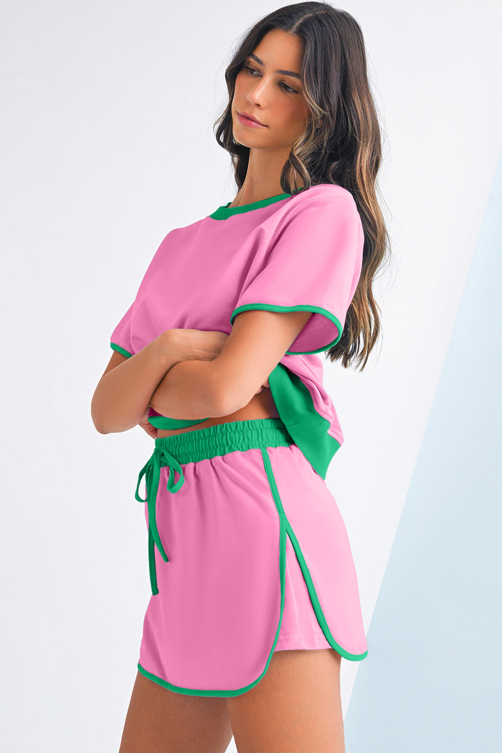 Turquoise Colorblock Edge Drop Shoulder T Shirt and Skort Set
