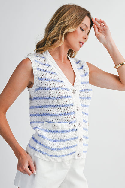 Black Striped V Neck Button Knit Vest