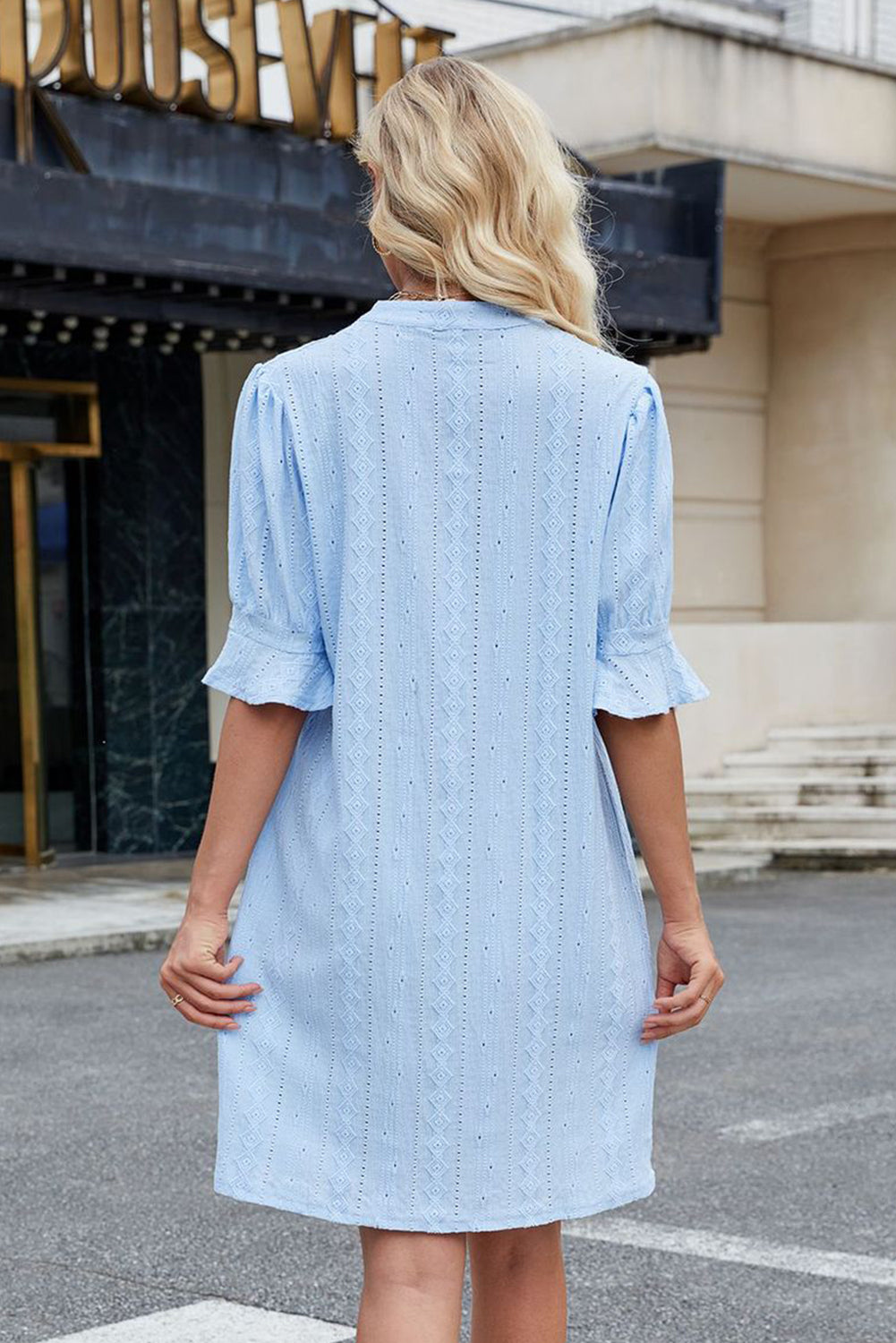 Beau Blue Split V-Neck Jacquard Eyelet Mini Dress