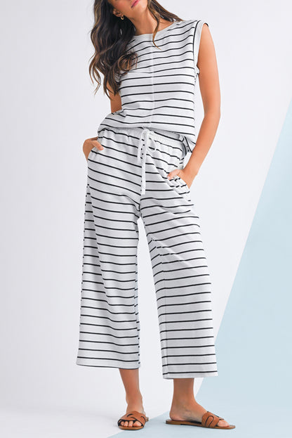 Sail Blue Casual Striped Tee and Wide Leg Pants Set