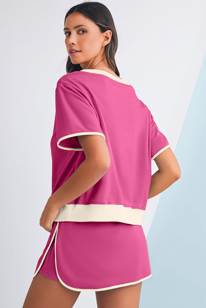 Turquoise Colorblock Edge Drop Shoulder T Shirt and Skort Set