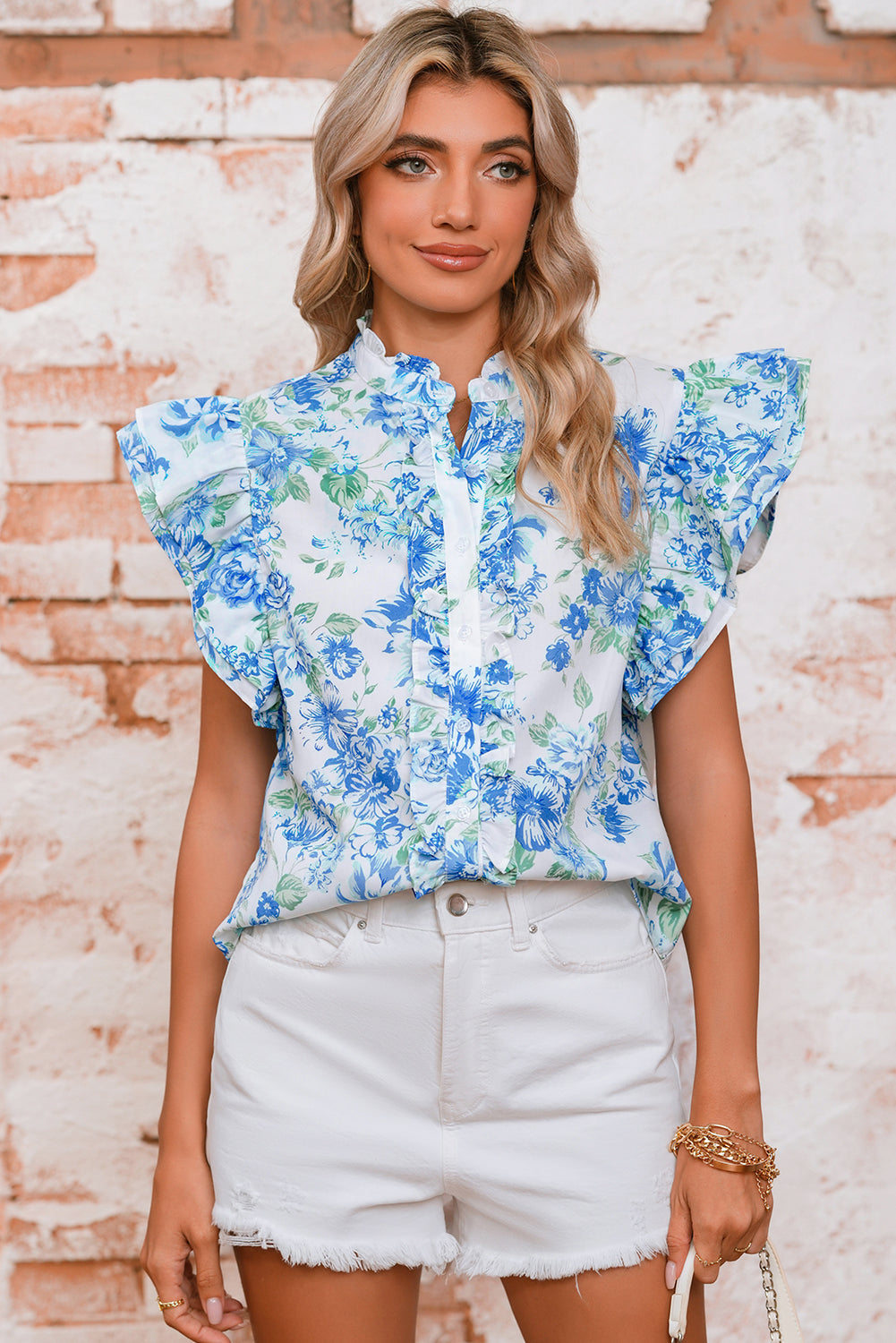 Green Floral Print Ruffle Sleeve Frill Shirt