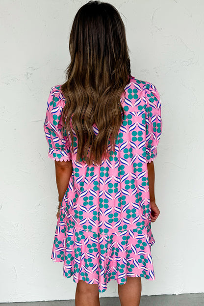 Pink Geometric Print V-Neck Ricrac Trim Mini Dress