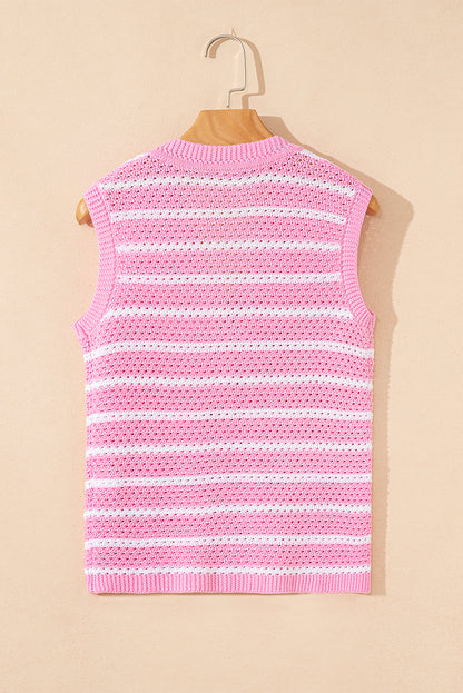Black Striped V Neck Button Knit Vest